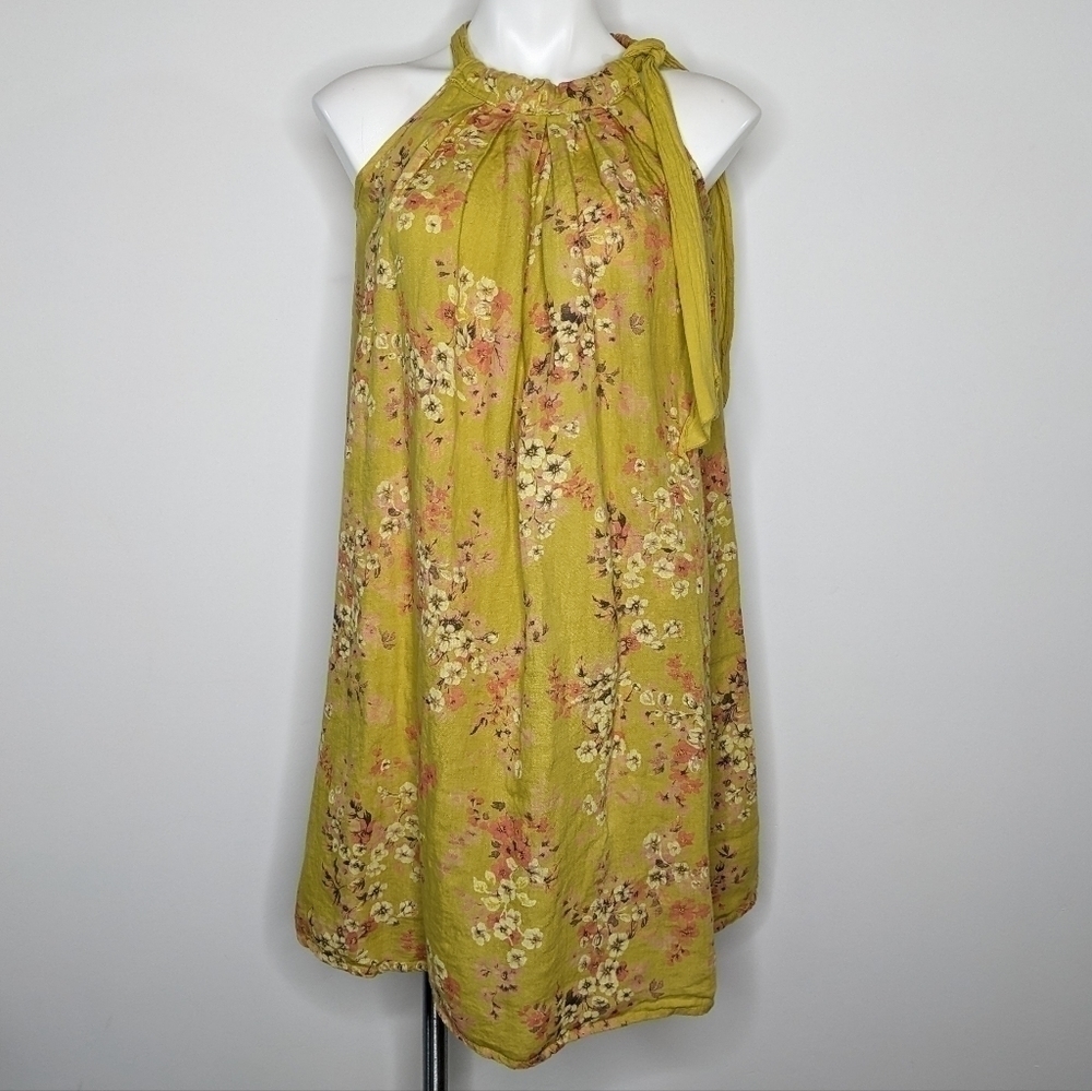 Bellambra yellow floral tie neck linen dress S